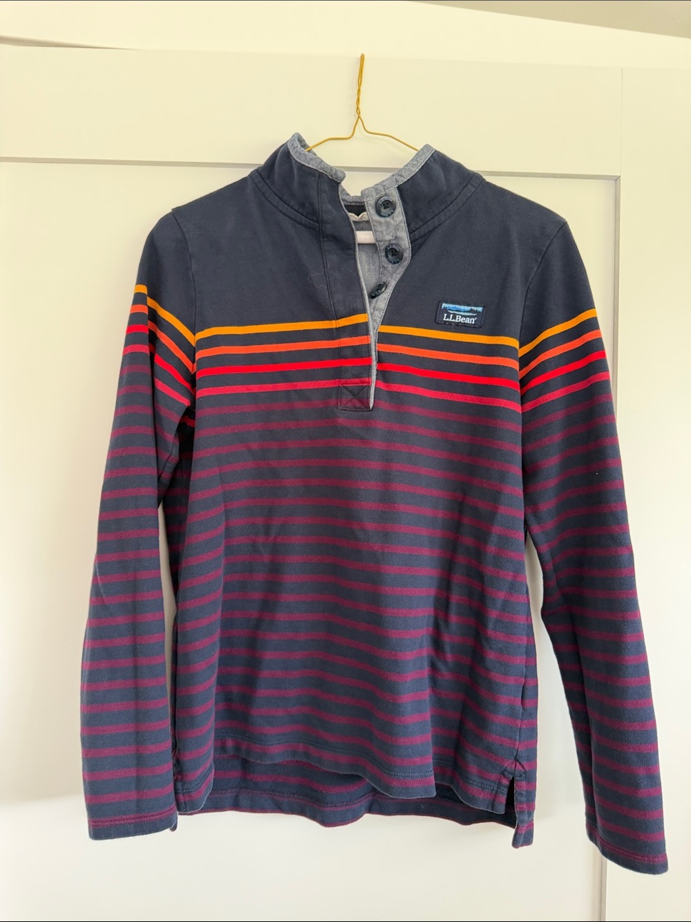 Vintage L.L. Bean Navy Zip-Front Striped Pullover with Orange and Pink Accents